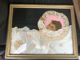 Victorian Baby Mourning Picture Real Hair Early 1900s Vintage Antique Folk Art