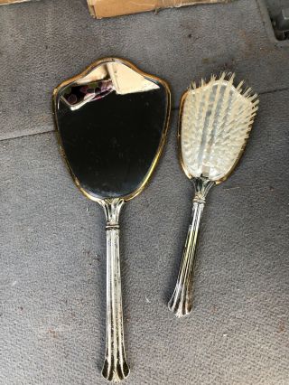 Vintage Handheld Gold Tone Vanity Mirror & Brush Set Bamboo Setting On The Back