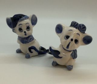 2 Vintage Miniature Blue & White Mice Bone China Figurines 2 " Tall Mouse Pair