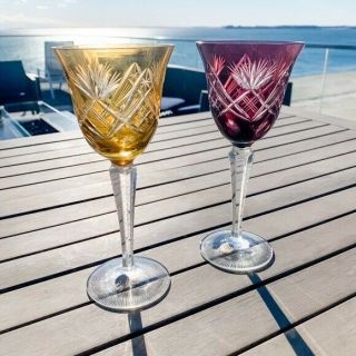 Vintage Hand Cut Crystal Cordial Or Wine Glasses Colored Set Of 2 Mismatched By
