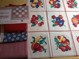Ufo Quilt Kit Yardage,  Vtg 50s Fruit Motif Squares No Pattern Cherries Pear