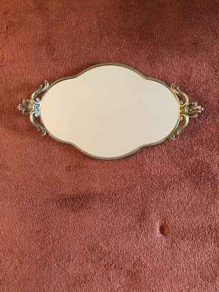 Antique Vintage Oval Vanity Mirror Tray With Painted Gold Handles And Frame
