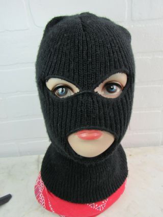 Vintage Ski Mask Full Face Robber Style 3 Hole Knitted Hat Cap Black