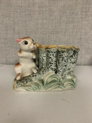 Vintage Ceramic Tree Stump & Squirrel Vase Planter Japan