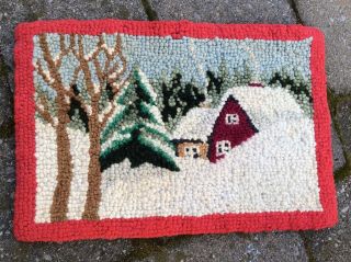 B Quebec Acadian Hand Hooked Table Mat - Vintage Winter Cabin 8” By 11” Rug