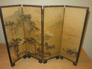 Vintage Chinese 12 " Small 4 Panel Folding Screen Silk Over Wood Hand Painted