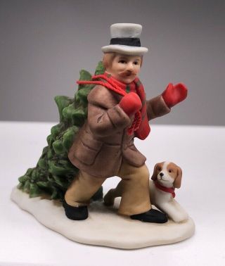 Vintage Lefton Figurine Man Carrying Tree With Dog 1989 Small Christmas Decor