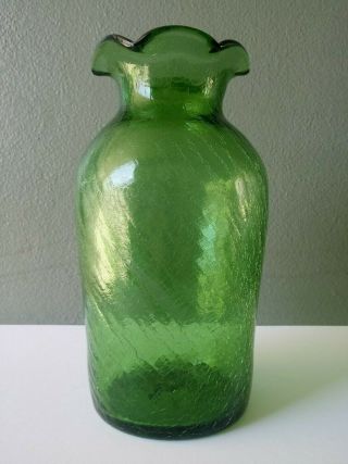 Vintage Green Crackle Glass Mid Century Art Glass Vase 10 "