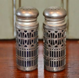 Vintage Godinger Silver - Plate Cobalt Blue Glass Salt & Pepper Shakers