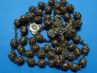 Gorgeous Antique Rosary / Red Glass Beads With Filigree Metal Caps / 1900 France