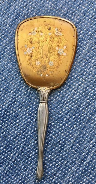 Vintage Hand Held Vanity Mirror Gold Color Flowers 13”