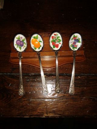 Vintage Avon Fruit Spoons Set Of 4 With Wood Display Rack