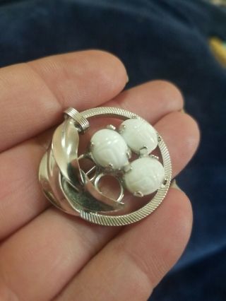 Vintage White Glass Scarab Bead Silver Tone Pin Brooch 1.  25 "