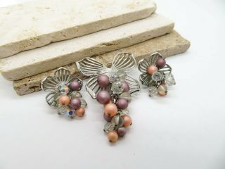 Vintage Park Lane Silver Flower Crystal Pink Purple Bead Brooch Earrings Set Dd9