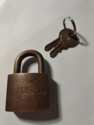 Vintage American Usa Brass Padlock With Keys (2) Brass