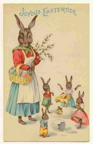 012521 Vintage Easter Postcard Mother Dressed Rabbit With Little Bunnies 1925