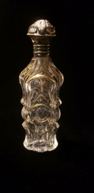 Antique Victorian Cut Glass Scent Bottle,  Gold Gilt W/bird; Sterling Repousse