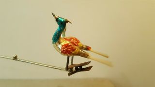 " Two Birds On A Clip " Vintage Christmas Ornament German Glass Antique 2.  5 "