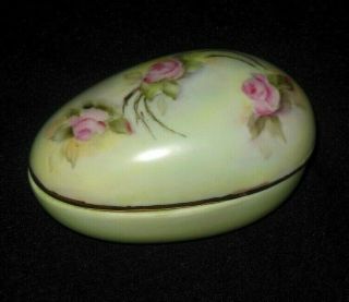 Vintage Hand Painted Egg Shaped Trinket Box Pink Roses Signed