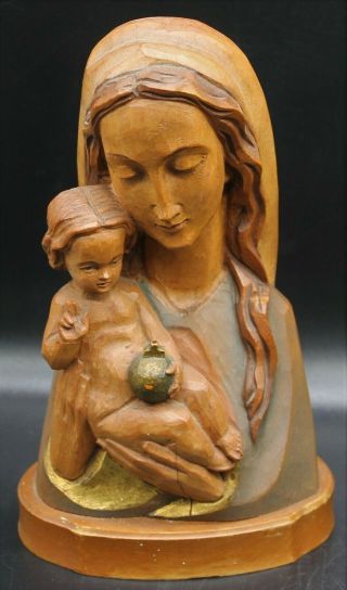 Antique Anri Hand Wood Carving Painted 8 1/2 " Statue Of Lady Mary & Baby Jesus