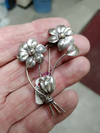 Vintage Sterling Silver 7 Grams 2 1/8 " Brooch Pin Flowers Signed Lang