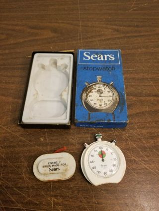 Vintage Sears 19924 White Stopwatch Shock Resistant Swiss Made 1/5th Sec W Box