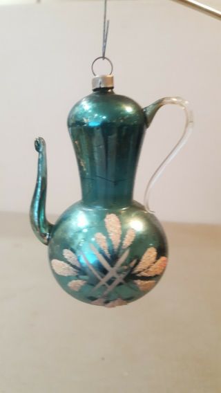 " Large Blue Tea Pot " Vintage Christmas Ornament American Glass Antique 3 "