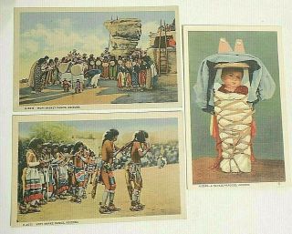 3 Vintage Fred Harvey Postcards Southwest Indian Hopi Navajo Linen Unmailed Nr
