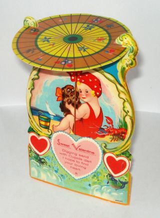 Large Vintage Cute Girl With Beach Umbrella German Mechanical Valentine Card