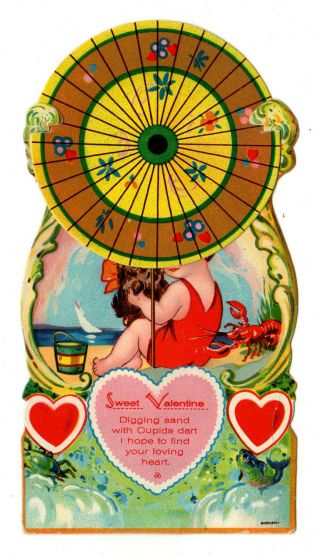 LARGE VINTAGE CUTE GIRL WITH BEACH UMBRELLA GERMAN MECHANICAL VALENTINE CARD 2