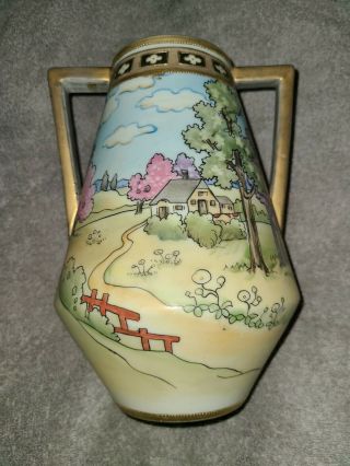 Antique Morimura? Moriage? Hand Painted 2 Handle Vase Gold 8 3/8 " High House