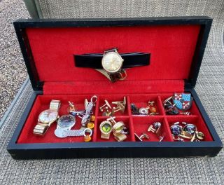 Vintage Men’s Jewelry Box 2 Bulova Watches 50s Swank Cufflinks And More