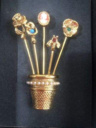 Goldtone Pin Thimble Basket Of Jewels Flowers Cameo Vtg Edith Vanderbilt