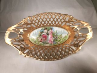 Antique Es Prussia Porcelain Long Oval Latticed Dish Women In Garden W/ Child