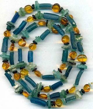 Roman Ancient Blue Glass Beads Encrusted Heishi Baltic Amber Centuries Old 29 "
