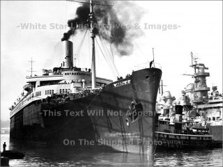 Photo: Ss Europa,  German War Prize In Ny With Danzel Tugs & Warship,  1946