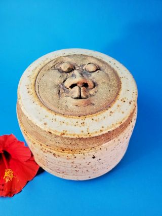 Vintage Studio Pottery " Man In The Moon " Sculptured Lidded Stoneware Jar
