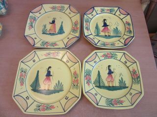 4 Antique Henriot Quimper,  France Yellow Man & Woman Plates 9 " & 10 "