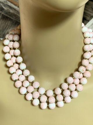 Vintage Milk Glass Bead 3 Strand Necklace Choker Pale Pink Overlay Swirls Heavy