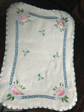 Vintage Tray Cloth Runner 17x12 Cream/ecru Linen Hand - Done Embroidery