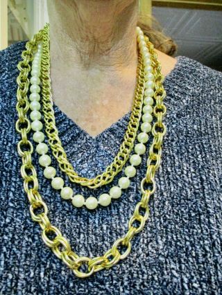 Vintage Designer Joan Rivers Faux Pearl & Gold Tone Necklace