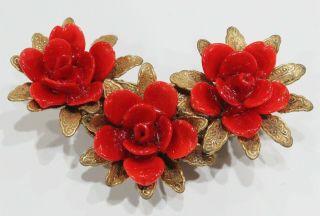 Vintage Miriam Haskell Red Lucite Floral Gold Brass Tone Pin Brooch
