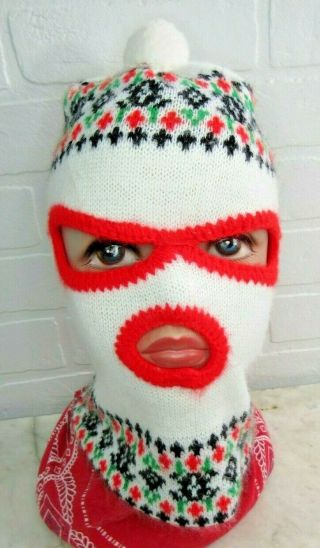 Vintage Ski Mask Full Face Robber Style 3 Hole Knitted Hat Cap