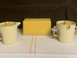 Tupperware Vintage Butter Dish Sugar And Creamer W/push Button Lids Almond Gold