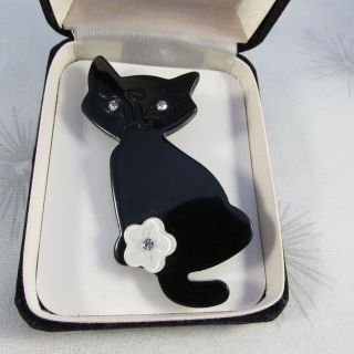 Vintage Plastic Black Cat Brooch Pin With Flower Accent