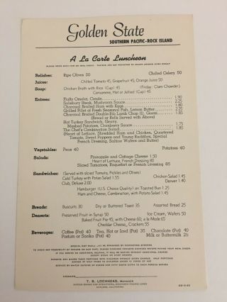 Southern Pacific Railroad,  1963,  Menu,  Dining Car,  Golden State,  Rock Island,  Luncheon