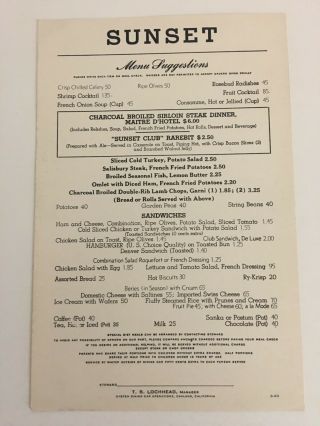 Southern Pacific Railroad,  1963,  Menu,  Dining Car,  Sunset,  Dinner,  Vintage,  Passenger