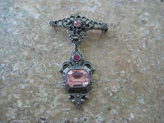 Vintage 1980s Pink Rhinestone Victorian Revival Couture Dangling Brooch Pin