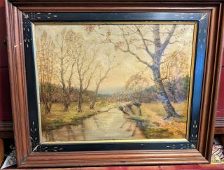 Antique Framed Bucks County Pa.  Canal Side Oil Painting