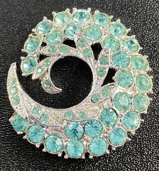 Vintage Brooch Pin 2” Aqua Blue Crystal Rhinestones Silver Tone Lot1